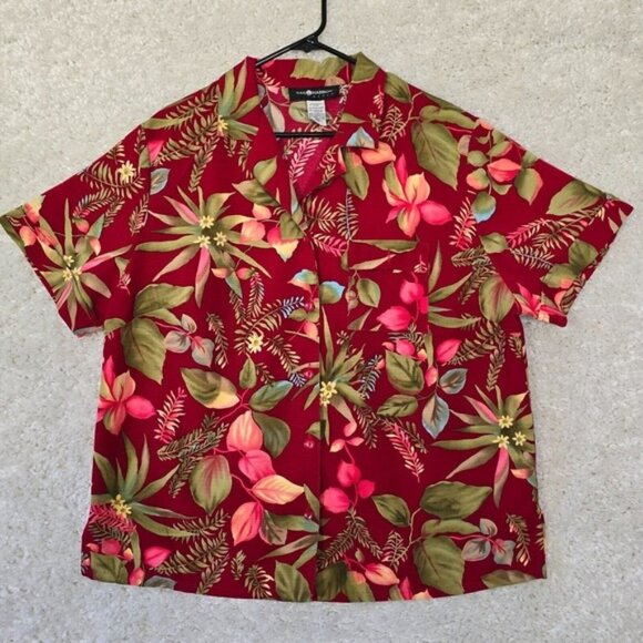 Vintage Sag Harbor Shirt Womens 1X Red Floral Button Hawaiian Cottage - Picture 1 of 6